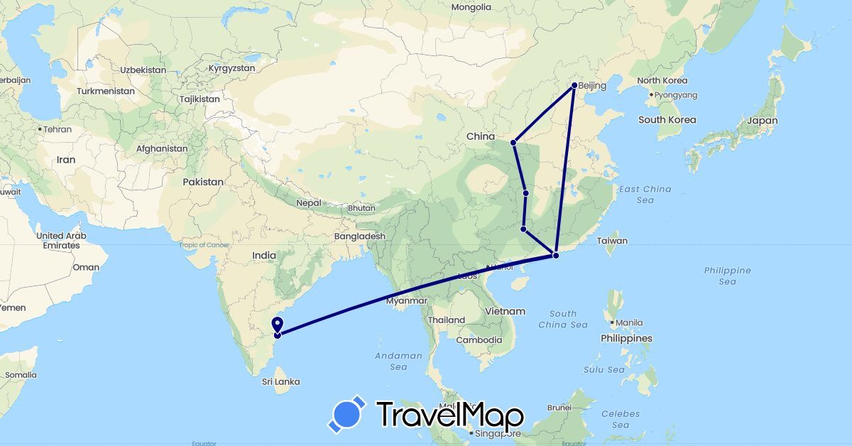TravelMap itinerary: driving in China, Hong Kong, India (Asia)